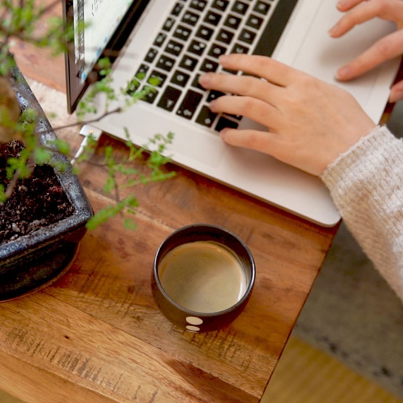 Nahaufname von Händen am Laptop. Der Laptop steht auf einem Holztisch links daneben eine henkellose Tasse mit Kaffee und ein Anschnitt von einer Bonsaipflanze im Topf.