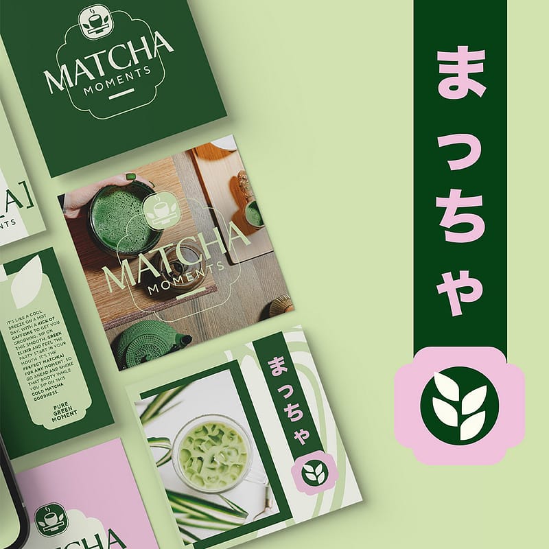 Grafik mit mehreren Elementen zum Thema Matcha. Oben links ein grünes Logo mit weissem Text "Matcha Moments" und einem stilisierten Teebecher. Daneben rechts eine vertikale japanische Schrift in rosa auf dunkelgrünem Hintergrund. Unten links mehrere Bilder, darunter ein grünes Getränk, Teezubehör und ein weiteres "Matcha Moments"-Logo auf rosa Hintergrund. Die Grafik verwendet überwiegend grüne und rosa Farbtöne.